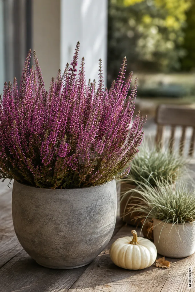 Herbstdeko für den Terrassentisch mit Heide, Ziergräsern und kleinem Kürbis auf rustikalem Holztisch.