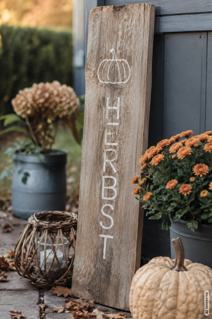 Herbstdeko mit Holz für den Garten mit rustikalem Holzschild, Kürbis und herbstlichen Pflanzen.