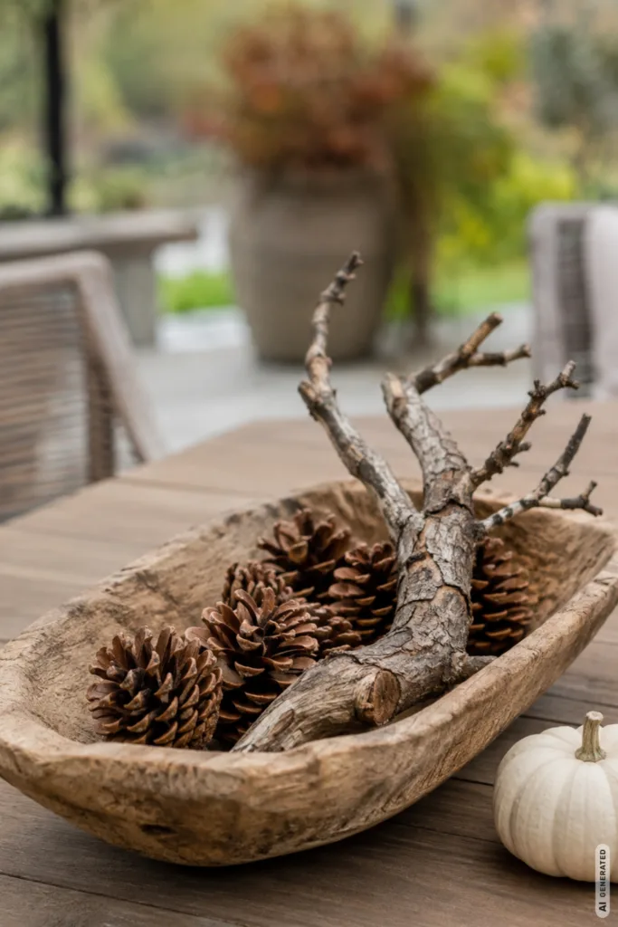 Herbstdeko für den Terrassentisch mit Holzschale, Zweigen, Zapfen und weißem Kürbis auf der Terrasse.