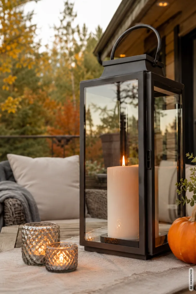 Herbstdeko für den Terrassentisch mit großer Laterne, Windlichtern und Kürbis auf der Terrasse.