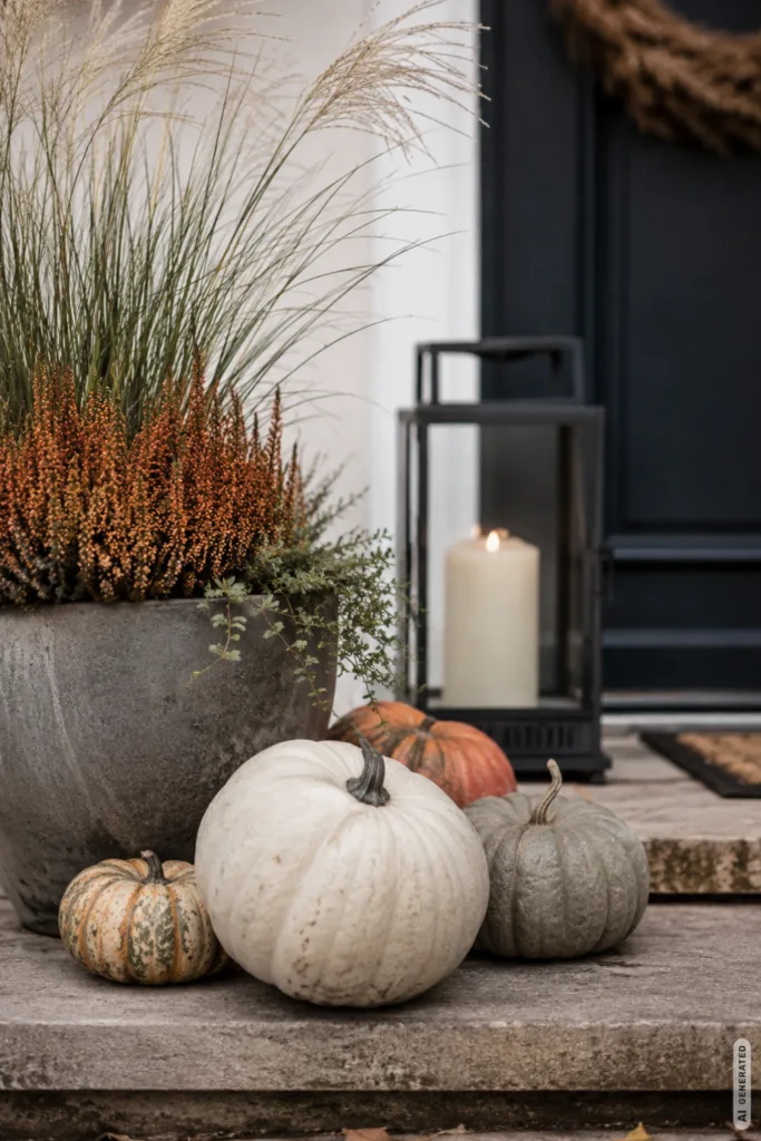 Moderne Herbstdeko für den Hauseingang mit cremefarbenen Kürbissen, Gräsern und schlichter Laterne.
