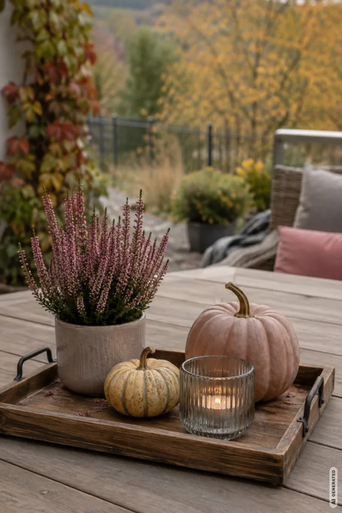 Herbstdeko für den Terrassentisch mit Tablett, Heide, Kürbissen und Windlicht auf einer gemütlichen Terrasse.