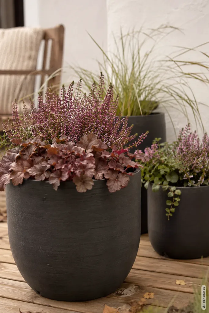Herbstdeko für eine kleine Terrasse mit Pflanzkübeln, Heide, Gräsern und Purpurglöckchen auf Holzdeck.