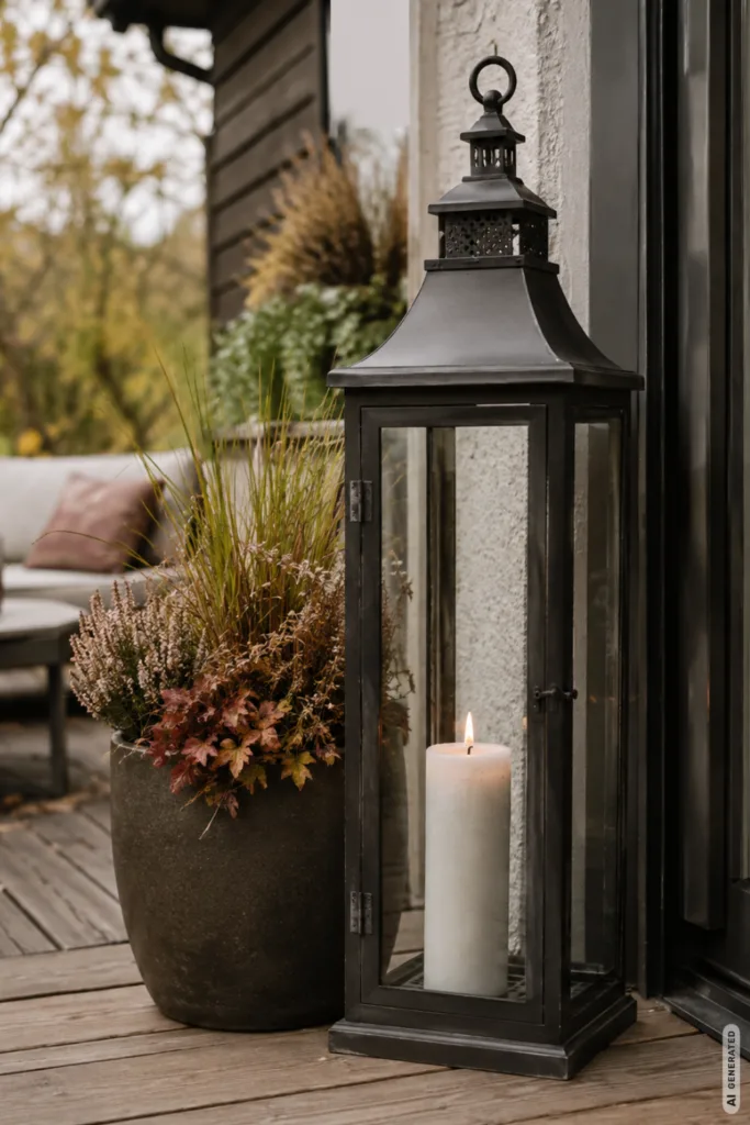 Herbstdeko für eine kleine Terrasse mit hoher Laterne, Kerze und Pflanzkübel neben der Terrassentür.