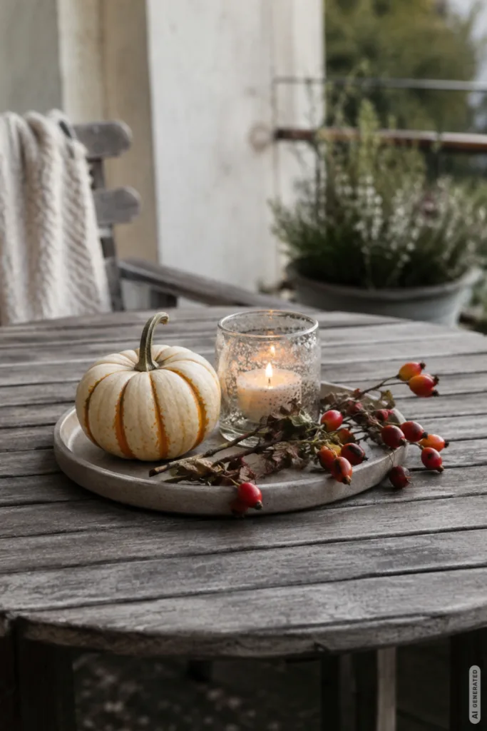 Herbstdeko für eine kleine Terrasse mit Kürbis, Kerze und Hagebutten auf dem Terrassentisch.
