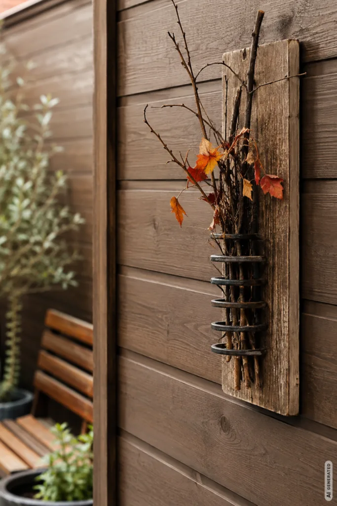 Herbstdeko für eine kleine Terrasse mit rustikaler Wanddeko aus Holz, Zweigen und Blättern am Sichtschutz.