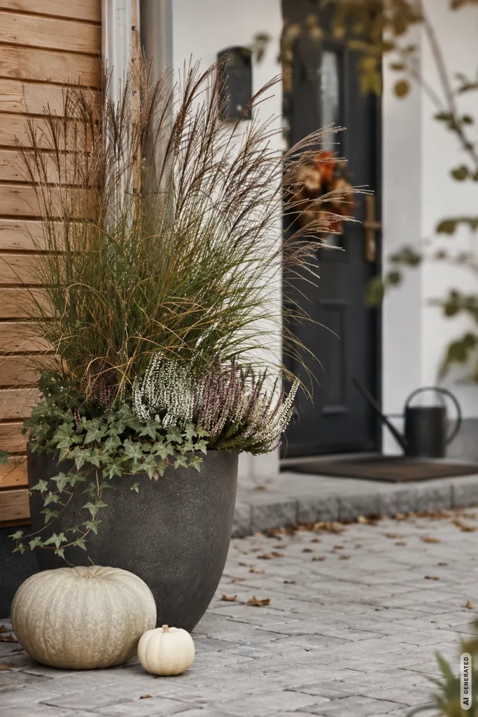 Moderne Herbstdeko für den Vorgarten mit Pflanzkübel, Gräsern und Kürbissen am Gartenweg.