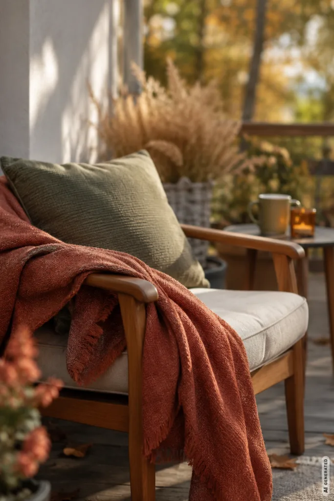 Herbstdeko für eine kleine Terrasse mit Sessel, Kissen und Decke in warmen Herbstfarben.