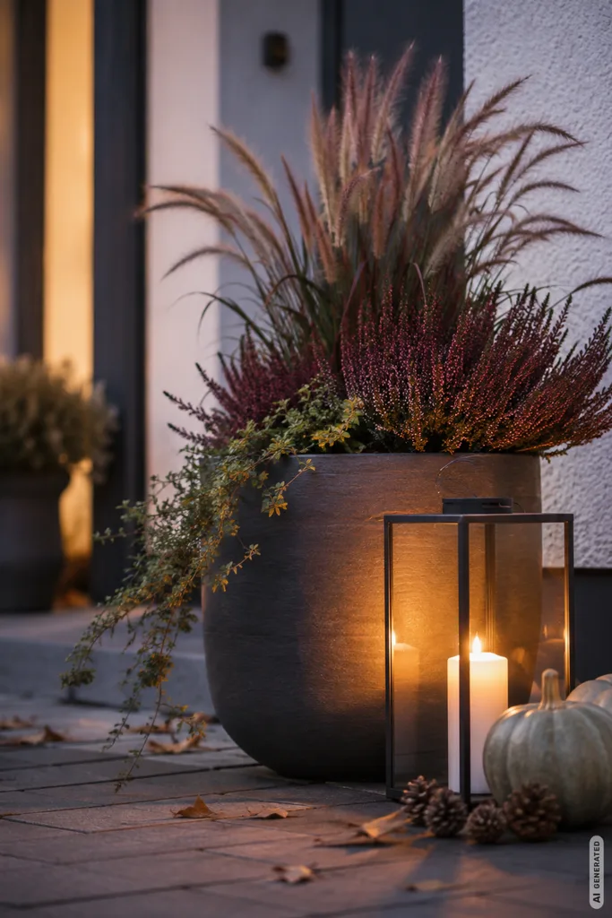 Moderne Herbstdeko für den Vorgarten mit Ziergras, Heide, Kürbis und warmer Laternenbeleuchtung.
