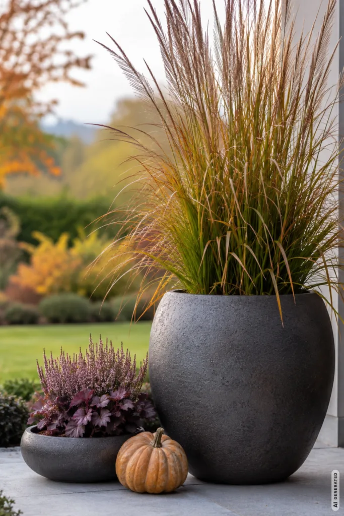 Herbstdeko am Terrassenrand – 5 einfache Ideen für eine gemütliche Terrasse Herbstdeko für den Terrassenrand mit großen Pflanzkübeln, Ziergras, Heide und kleinem Kürbis auf der Terrasse.