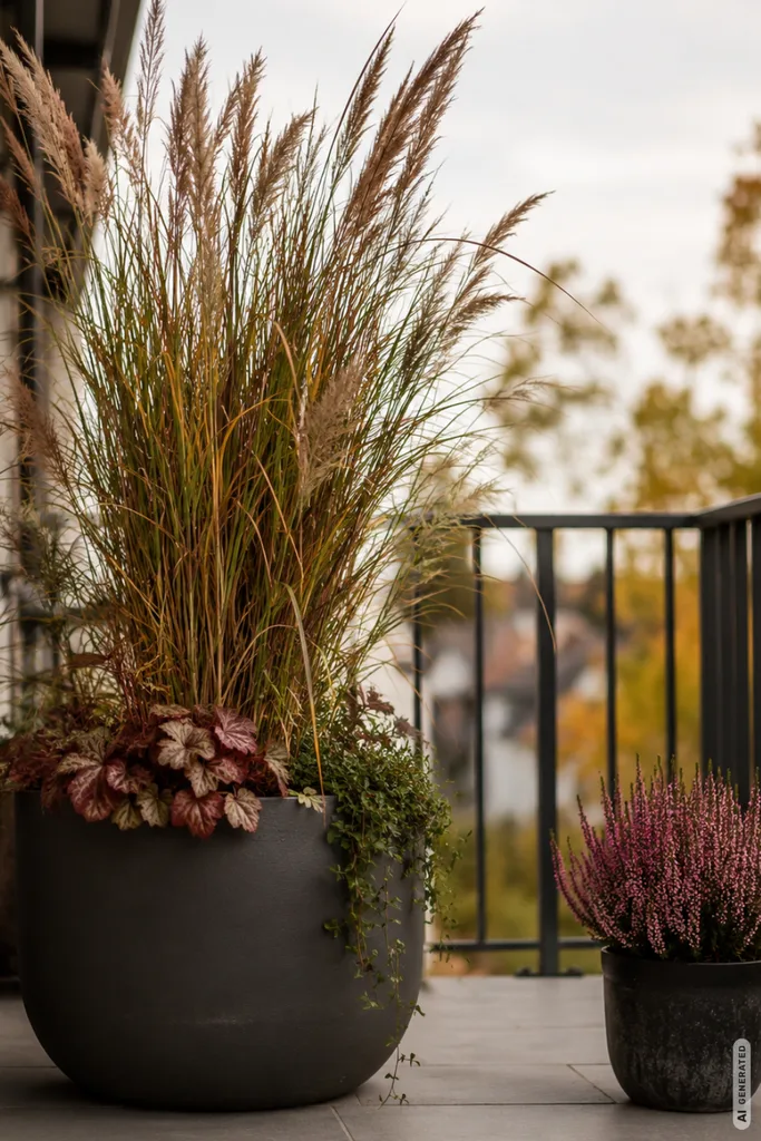 Moderne Herbstdeko für den Balkon mit Ziergräsern, Heide und herbstlichen Pflanzen in dunklen Pflanzkübeln.