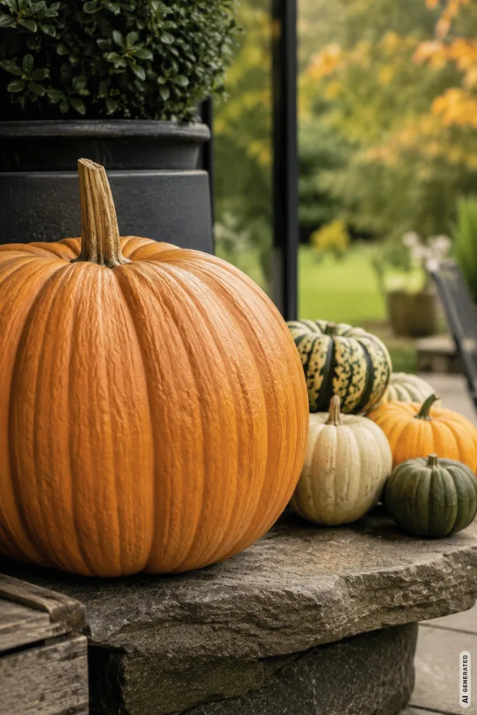 Herbstdeko am Terrassenrand – 5 einfache Ideen für eine gemütliche Terrasse Herbstdeko für den Terrassenrand mit großer Kürbisgruppe auf Steinplatte neben Terrasse im Garten.