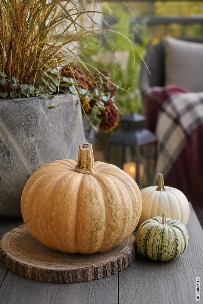 Moderne Herbstdeko für den Balkon mit Kürbissen, Gräsern und natürlichen Materialien.