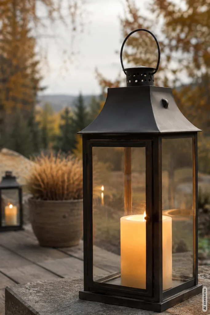 Herbstdeko am Terrassenrand – 5 einfache Ideen für eine gemütliche Terrasse Herbstdeko am Terrassenrand mit großer Laterne, Kerzenlicht und Ziergras in ruhiger Herbststimmung.