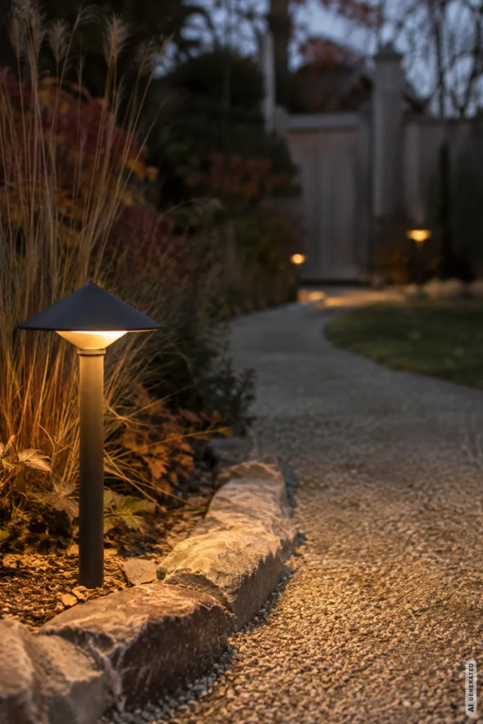 5 Lichtideen für den Garten, die im Herbst besonders schön wirken Herbstbeleuchtung im Garten mit warmen Wegeleuchten entlang eines geschwungenen Kieswegs zwischen Gräsern.