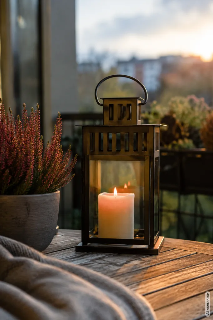 Moderne Herbstdeko für den Balkon mit Laterne, Kerze und herbstlicher Bepflanzung.