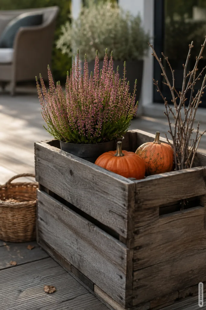 Herbstdeko am Terrassenrand – 5 einfache Ideen für eine gemütliche Terrasse Herbstdeko für den Terrassenrand mit Holzkiste, Kürbissen, Heide und Naturmaterialien auf der Terrasse.
