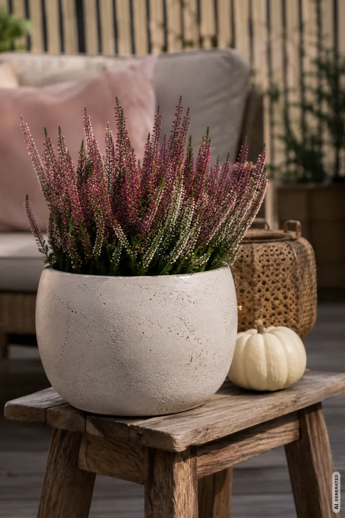 Moderne Herbstdeko für den Balkon mit Keramiktopf, Holz, Heide und weißem Kürbis.