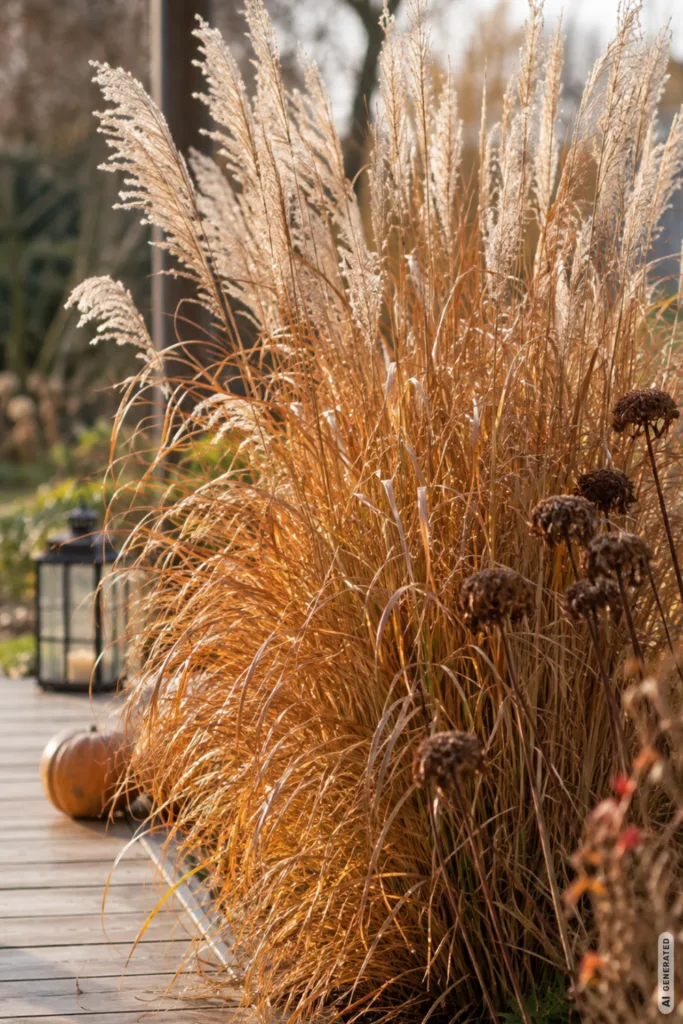 Herbstdeko am Terrassenrand – 5 einfache Ideen für eine gemütliche Terrasse Herbstdeko am Terrassenrand mit goldenen Ziergräsern, trockenen Stauden und Laterne im weichen Tageslicht.