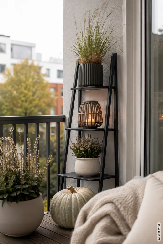 Moderne Herbstdeko für den Balkon mit Pflanzenregal, Gräsern, Laterne und Kürbis.