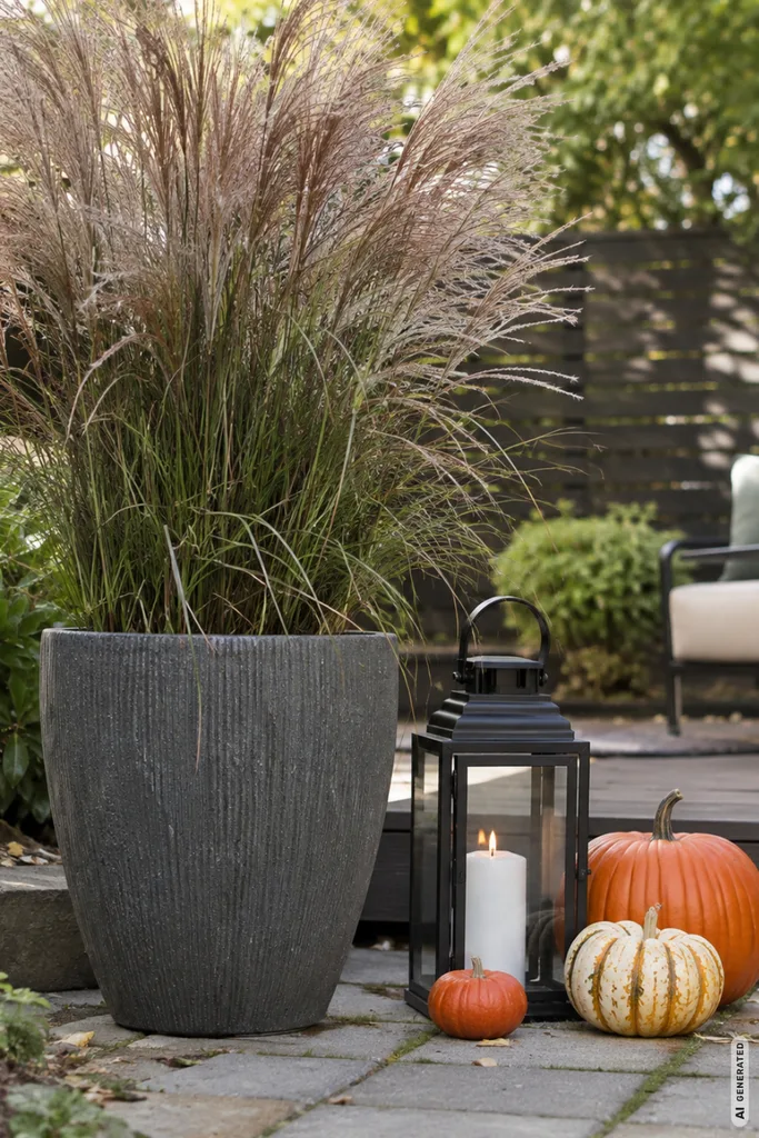 Kleiner Garten im Herbst – 5 moderne Dekoideen zum Nachmachen Moderne Herbstdeko für einen kleinen Garten mit Ziergras, Laterne und Kürbissen als harmonische Dekogruppe.