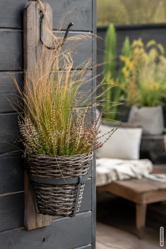 Kleiner Garten im Herbst – 5 moderne Dekoideen zum Nachmachen Moderne Herbstdeko für einen kleinen Garten mit Gräsern und Heide im dekorativen Wandkorb.