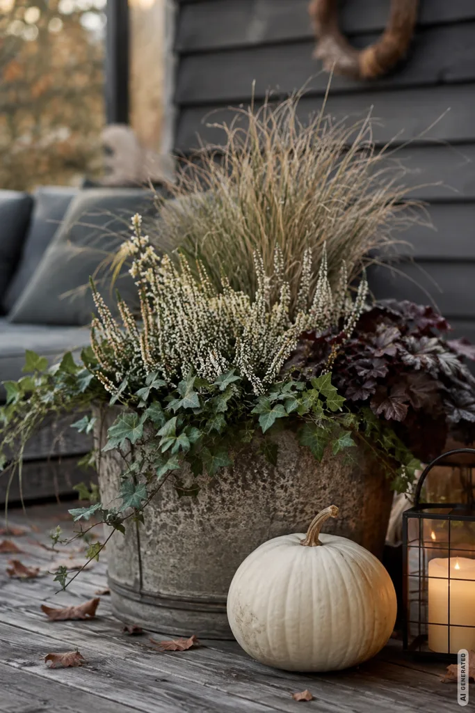 Kleiner Garten im Herbst – 5 moderne Dekoideen zum Nachmachen Moderne Herbstdeko für einen kleinen Garten mit Gräsern, weißem Kürbis und Laterne in ruhigen Herbstfarben.