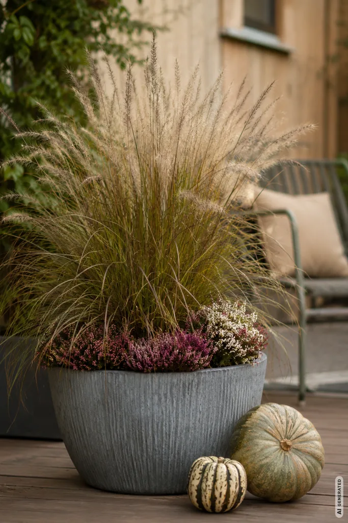 Kleiner Garten im Herbst – 5 moderne Dekoideen zum Nachmachen Moderne Herbstdeko für einen kleinen Garten mit Pflanzkübel, Ziergras, Heide und Kürbissen.