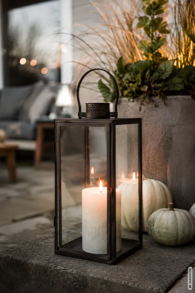 Kleiner Garten im Herbst – 5 moderne Dekoideen zum Nachmachen Moderne Herbstdeko für einen kleinen Garten mit Laterne, Kerze, Kürbissen und Gräsern.