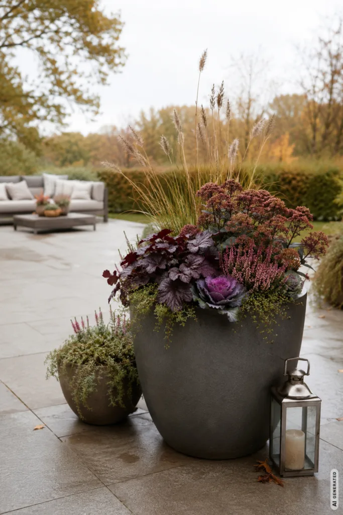 Herbstdeko für große Terrassen mit großem Pflanzkübel, Gräsern, Heide und Laterne auf weiter Terrasse.
