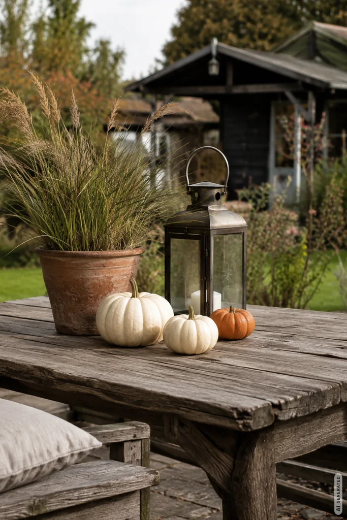 Herbst im Schrebergarten: Diese 5 Deko-Ideen passen perfekt zur Gartenlaube Moderne Herbstdeko für den Schrebergarten mit Holztisch, Gräsern, Laterne und Kürbissen am Sitzplatz.