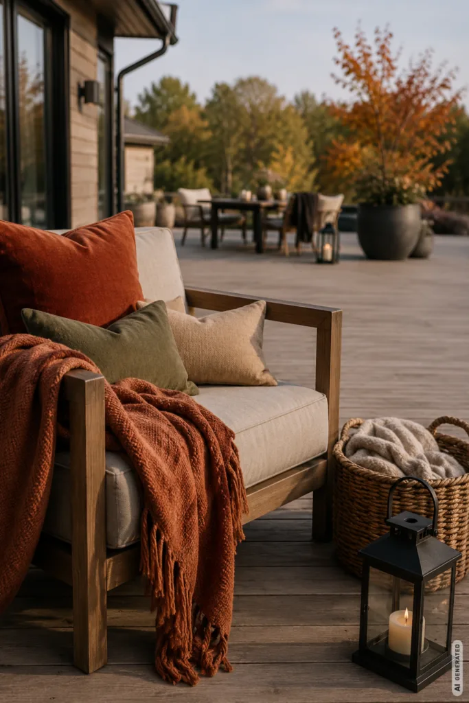 Herbstdeko für große Terrassen mit Sesseln, Kissen, Decke, Korb und Laterne am gemütlichen Sitzbereich.