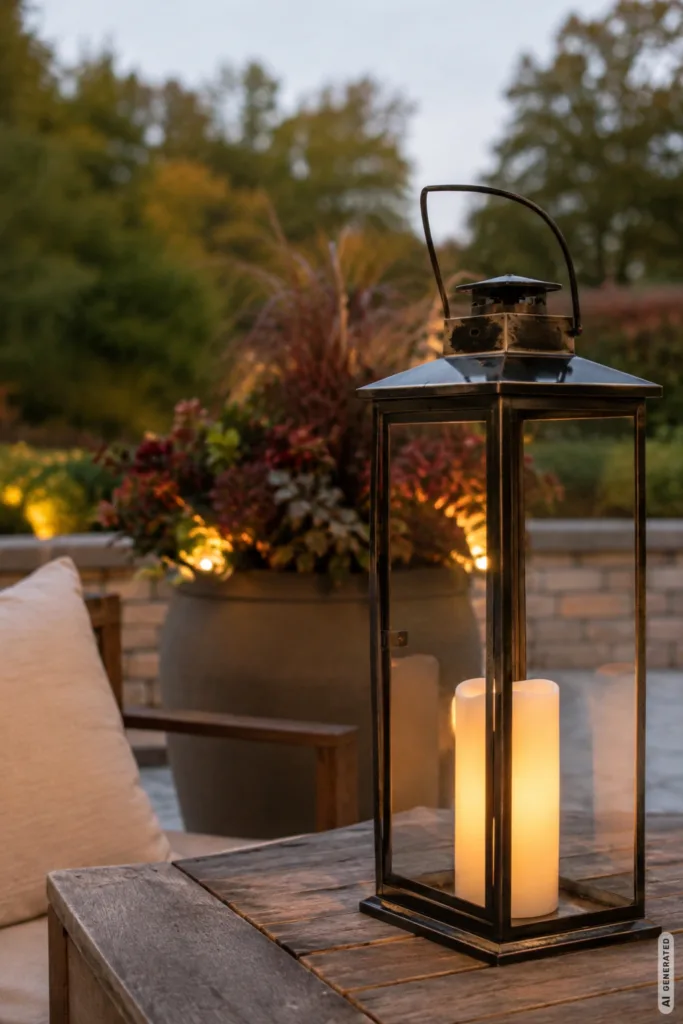 5 Lichtideen für den Garten, die im Herbst besonders schön wirken Herbstbeleuchtung im Garten mit warmer Laterne auf dem Tisch und gemütlichem Sitzplatz auf der Terrasse.