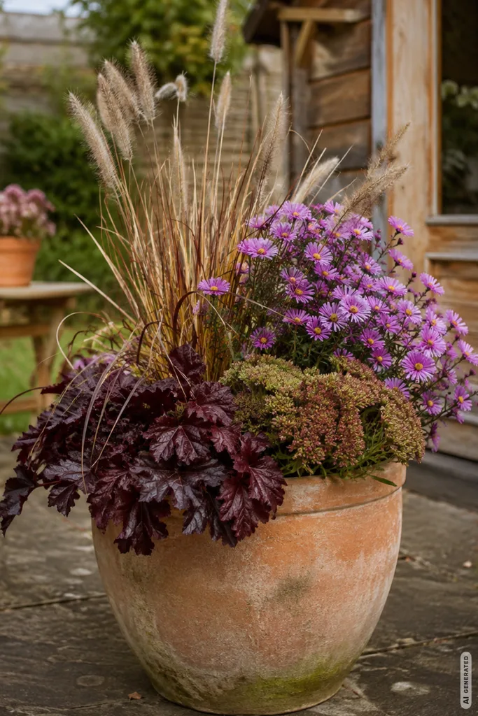 Herbst im Schrebergarten: Diese 5 Deko-Ideen passen perfekt zur Gartenlaube Moderner herbstlicher Pflanzkübel mit Strukturpflanzen statt nur Heide vor einer Gartenlaube im Schrebergarten.