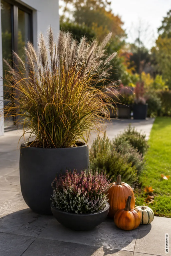 Herbstdeko für große Terrassen mit Pflanzkübeln, Heide und Kürbissen am Übergang zum Garten.