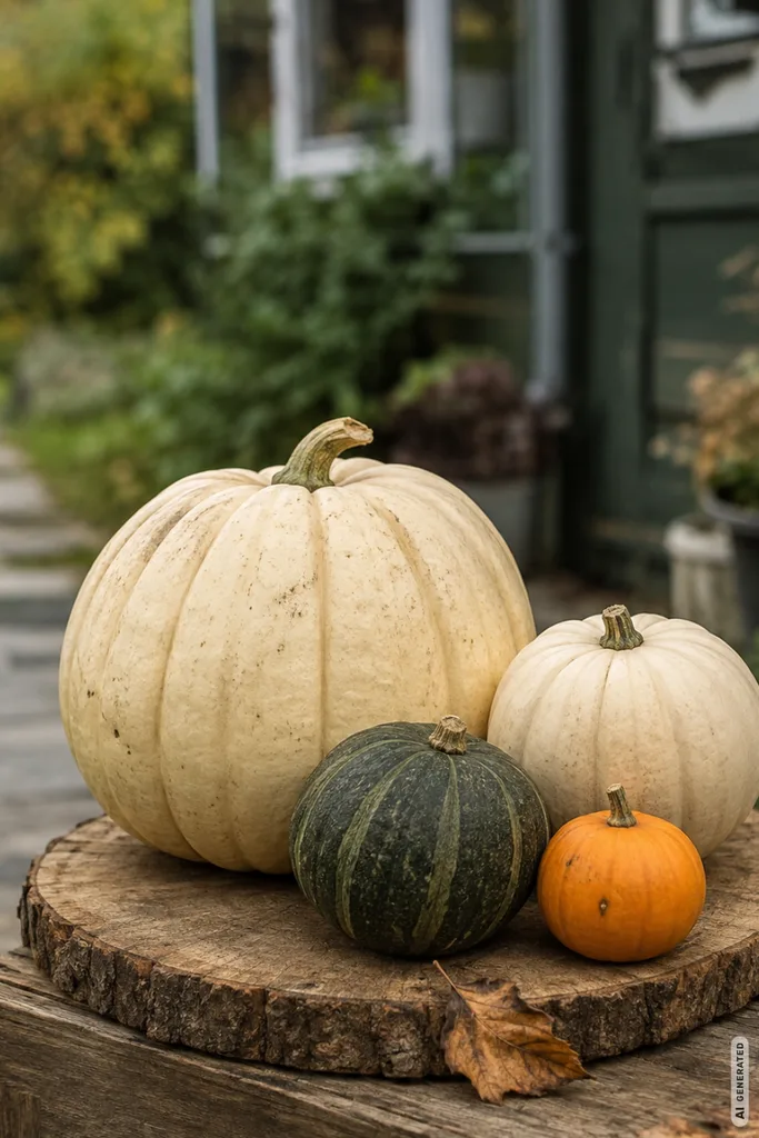 Herbst im Schrebergarten: Diese 5 Deko-Ideen passen perfekt zur Gartenlaube Moderne Herbstdeko für den Schrebergarten mit gruppierten Kürbissen auf Holzplatte vor der Gartenlaube.
