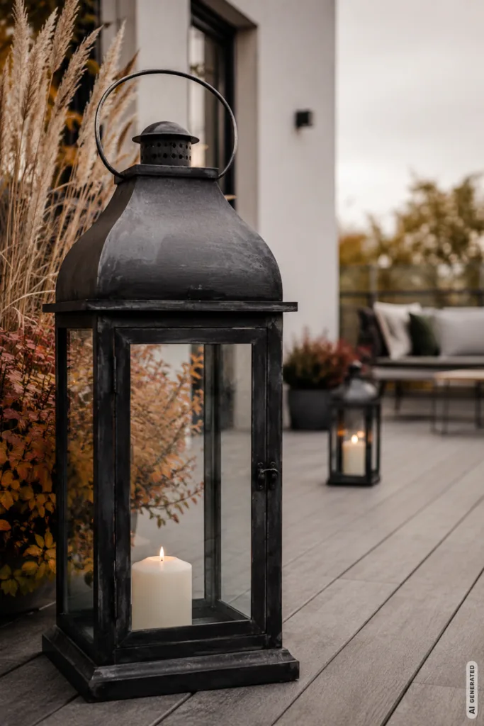 Herbstdeko für große Terrassen mit schwarzer Laterne, Kerze und warmem Licht auf moderner Terrasse.