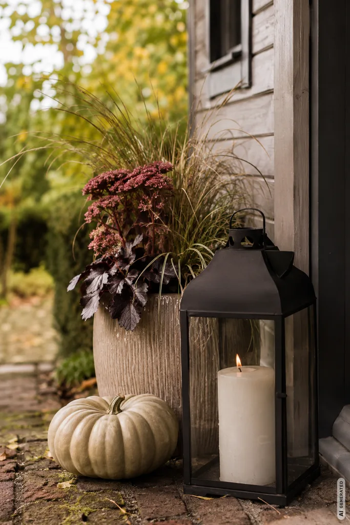 Herbst im Schrebergarten: Diese 5 Deko-Ideen passen perfekt zur Gartenlaube Moderne Herbstdeko für den Schrebergarten mit Laterne, Kürbis und herbstlich bepflanztem Kübel.
