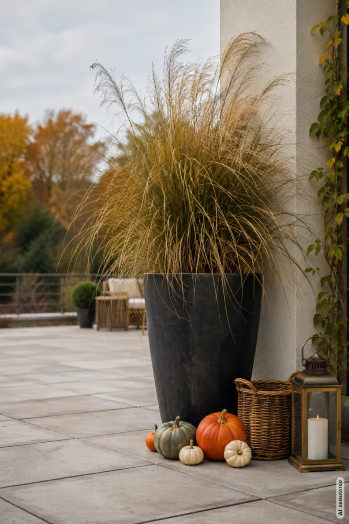 Herbstdeko für große Terrassen mit großem Pflanzkübel, Kürbissen, Laterne und Korb als Blickfang.