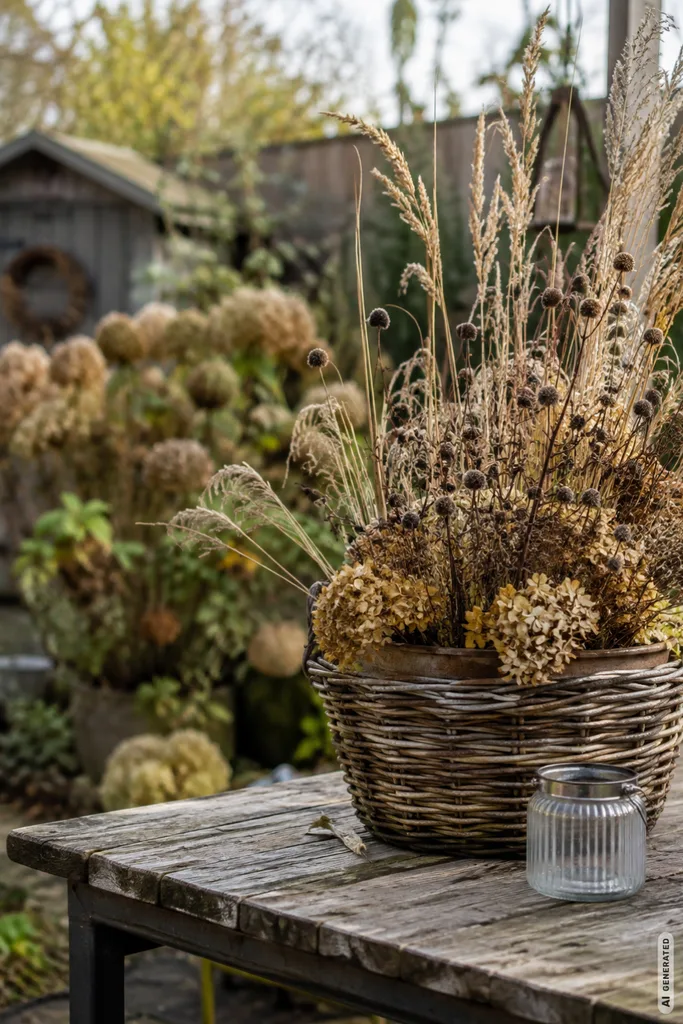 Herbst im Schrebergarten: Diese 5 Deko-Ideen passen perfekt zur Gartenlaube Moderne Herbstdeko für den Schrebergarten mit Trockenblumen, Weidenkorb und natürlichen Gartenelementen.