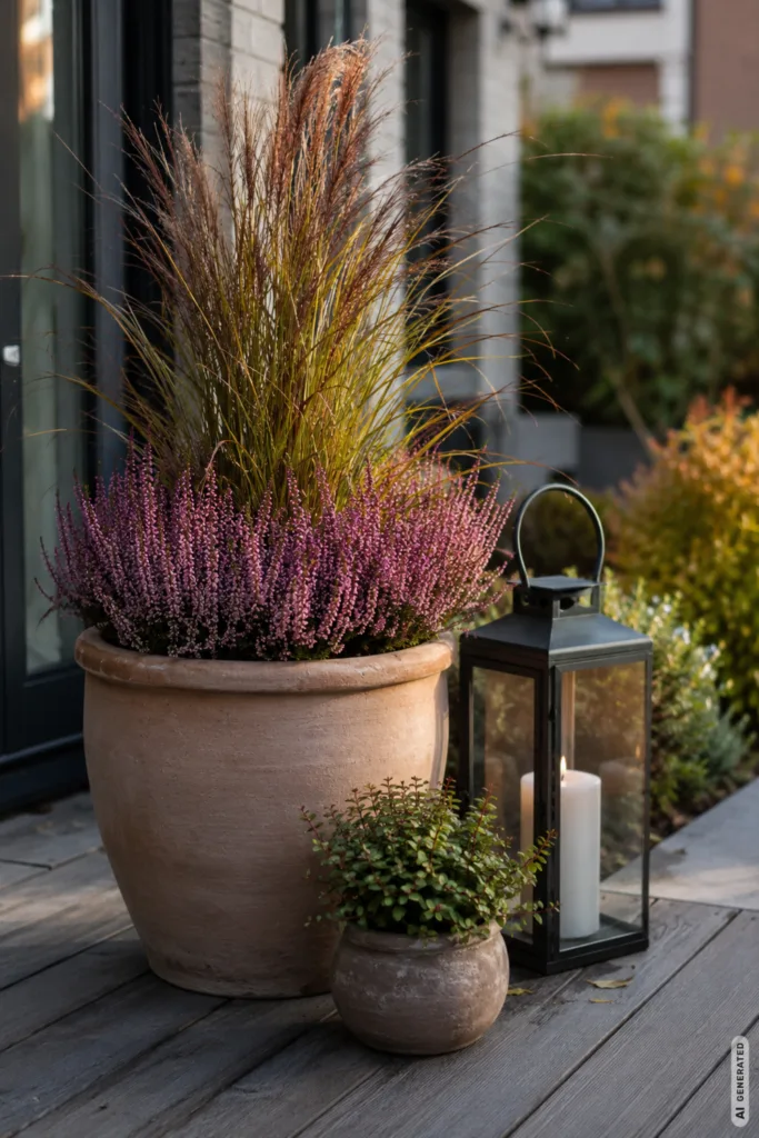 Herbstdeko für den Reihenhausgarten – 5 schöne Ideen für schmale Gärten Herbstdeko für einen Reihenhausgarten mit Heide, Ziergras und Laterne auf der Terrasse.