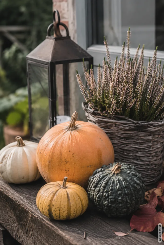 Moderne Herbstdeko für den Hintergarten mit Kürbissen, Heide und Laterne auf einer Holzfläche.