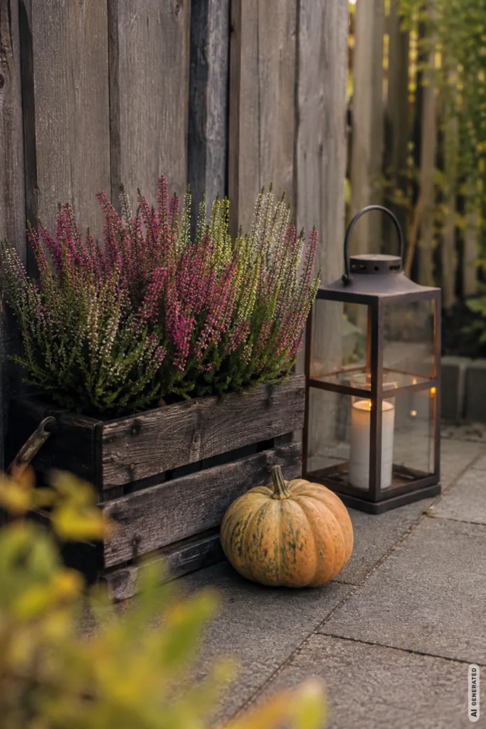 Herbstdeko für den Reihenhausgarten – 5 schöne Ideen für schmale Gärten Herbstdeko für einen Reihenhausgarten mit Heide, Laterne und Kürbis an einem Holzzaun.