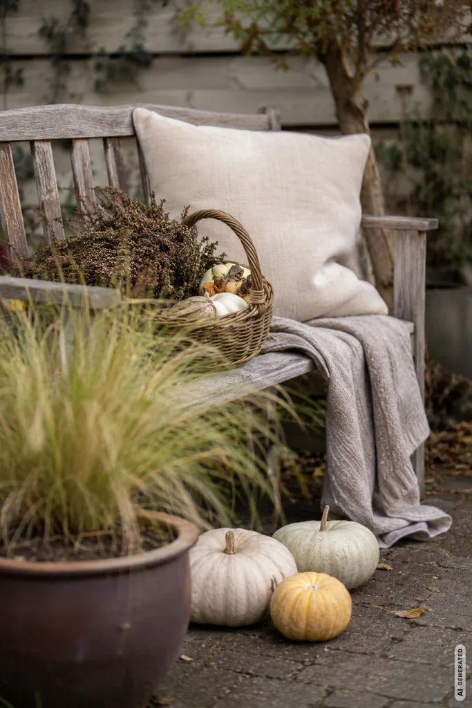 Moderne Herbstdeko für den Hintergarten mit Gartenbank, Ziergras, Kürbissen und natürlichen Materialien.