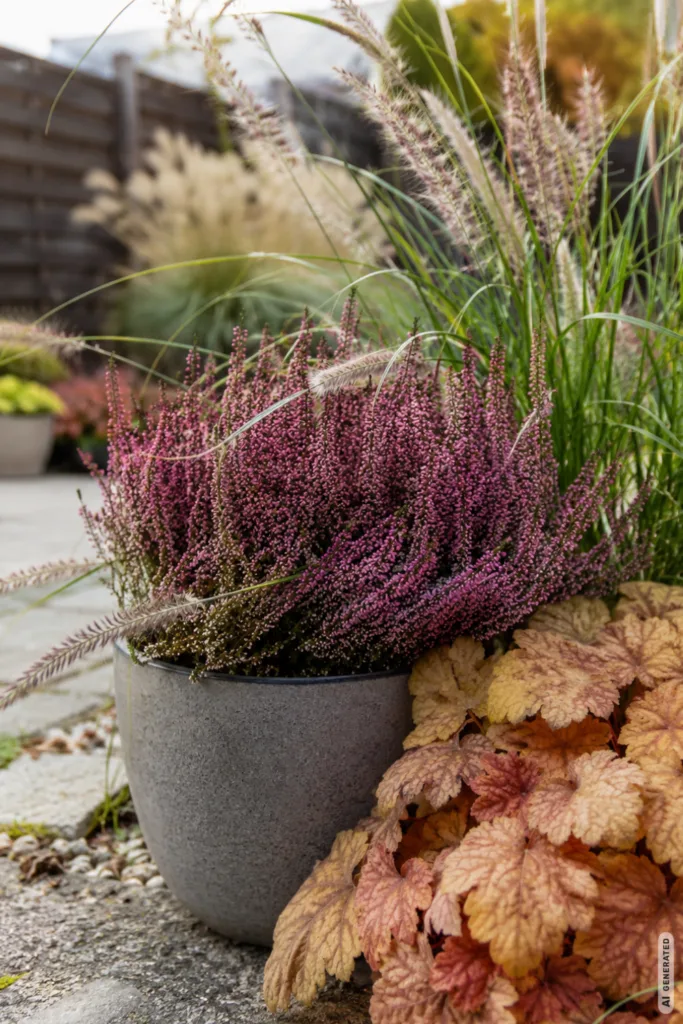 Herbstdeko für den Reihenhausgarten – 5 schöne Ideen für schmale Gärten Herbstdeko für einen Reihenhausgarten mit Heide, Ziergräsern und herbstlich gefärbten Blättern.