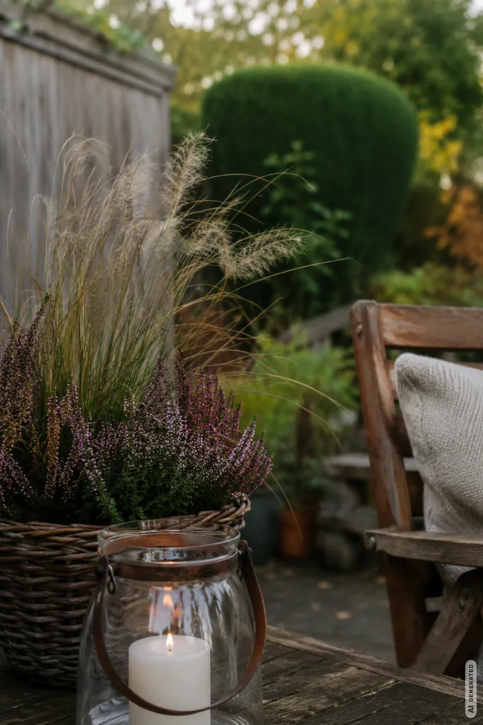 Herbstdeko für den Reihenhausgarten – 5 schöne Ideen für schmale Gärten Herbstdeko im Reihenhausgarten mit Sitzplatz, Heide, Ziergras und Windlicht auf der Terrasse.