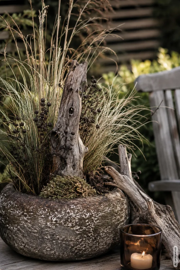 Moderne Herbstdeko für den Hintergarten mit Holz, Gräsern und natürlicher Pflanzschale.
