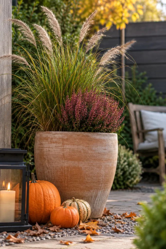 Herbstdeko für den Reihenhausgarten – 5 schöne Ideen für schmale Gärten Herbstdeko für einen Reihenhausgarten mit Pflanzkübel, Ziergras, Heide, Kürbissen und Laterne am Gartenende.