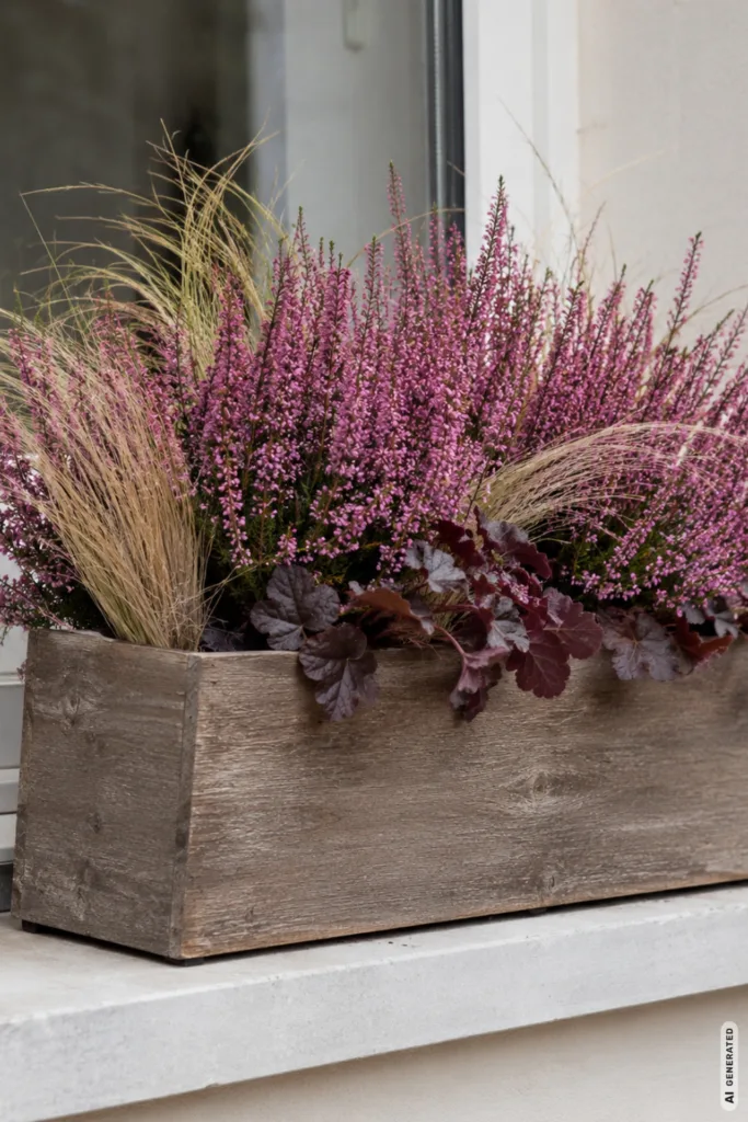 Herbstdeko für den Blumenkasten mit Heide, Ziergras und Purpurglöckchen auf hellem Fensterbrett.