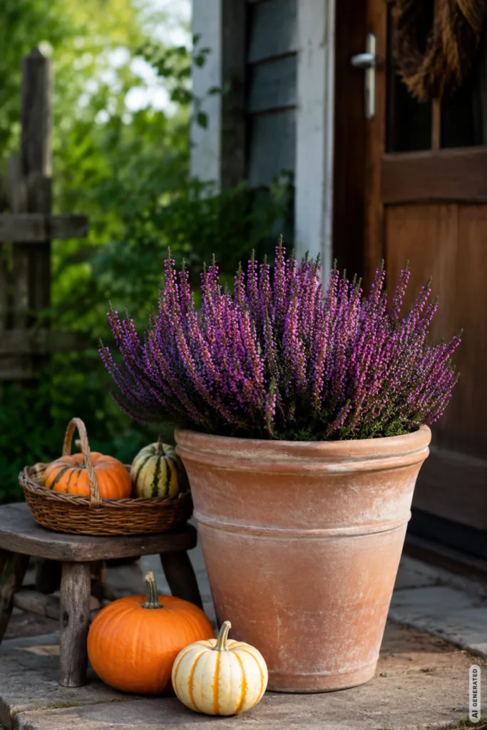 Herbstdeko für den Schrebergarten mit Heide im Terrakottatopf und Kürbissen vor der Gartenlaube.